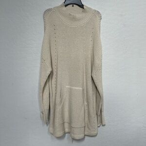 RDI Tunic Sweater Womens Large Mock Neck Kangaroo Pocket Ribbed Beige NWT large
